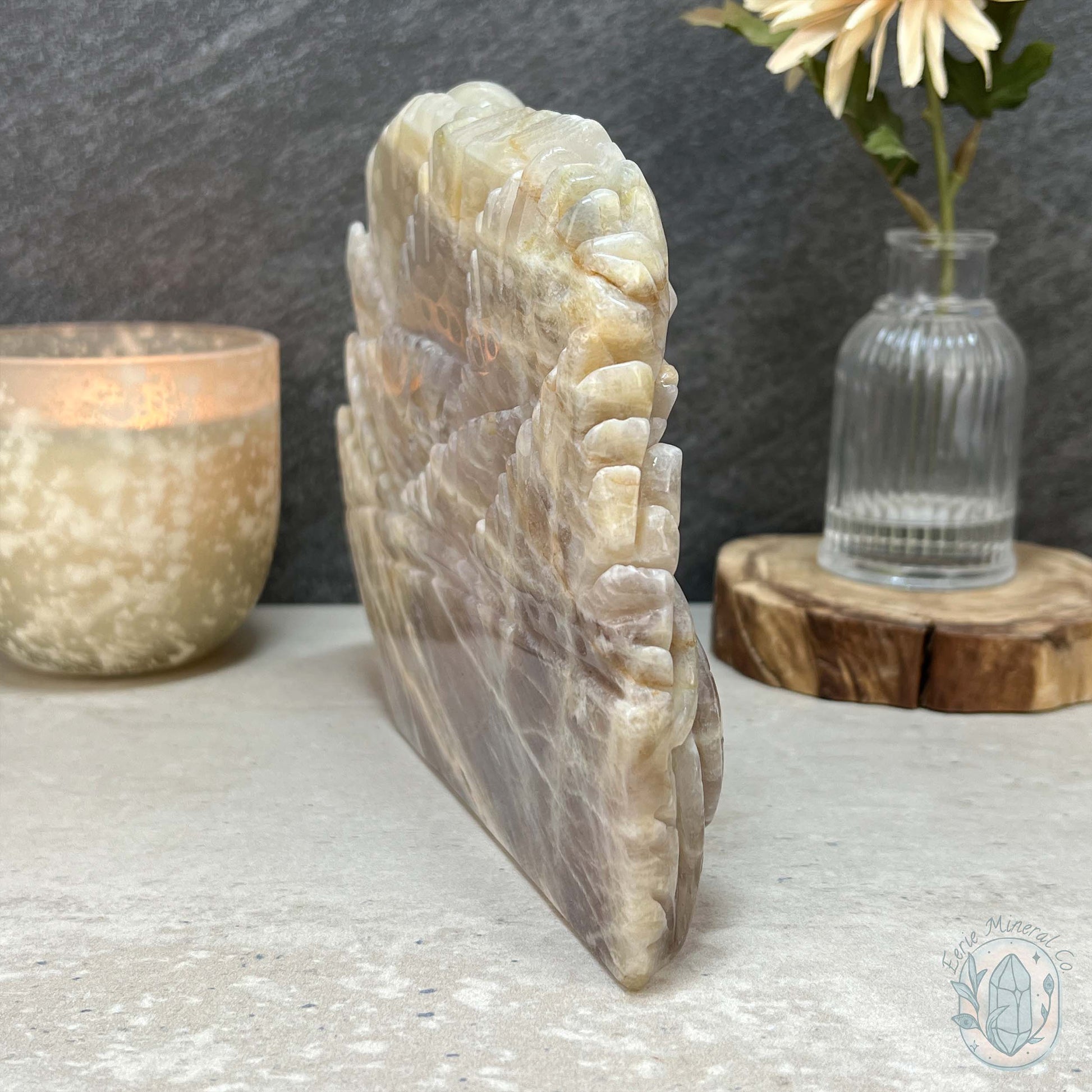 Blue Flash Peach Moonstone Ocean Life Stone Carving