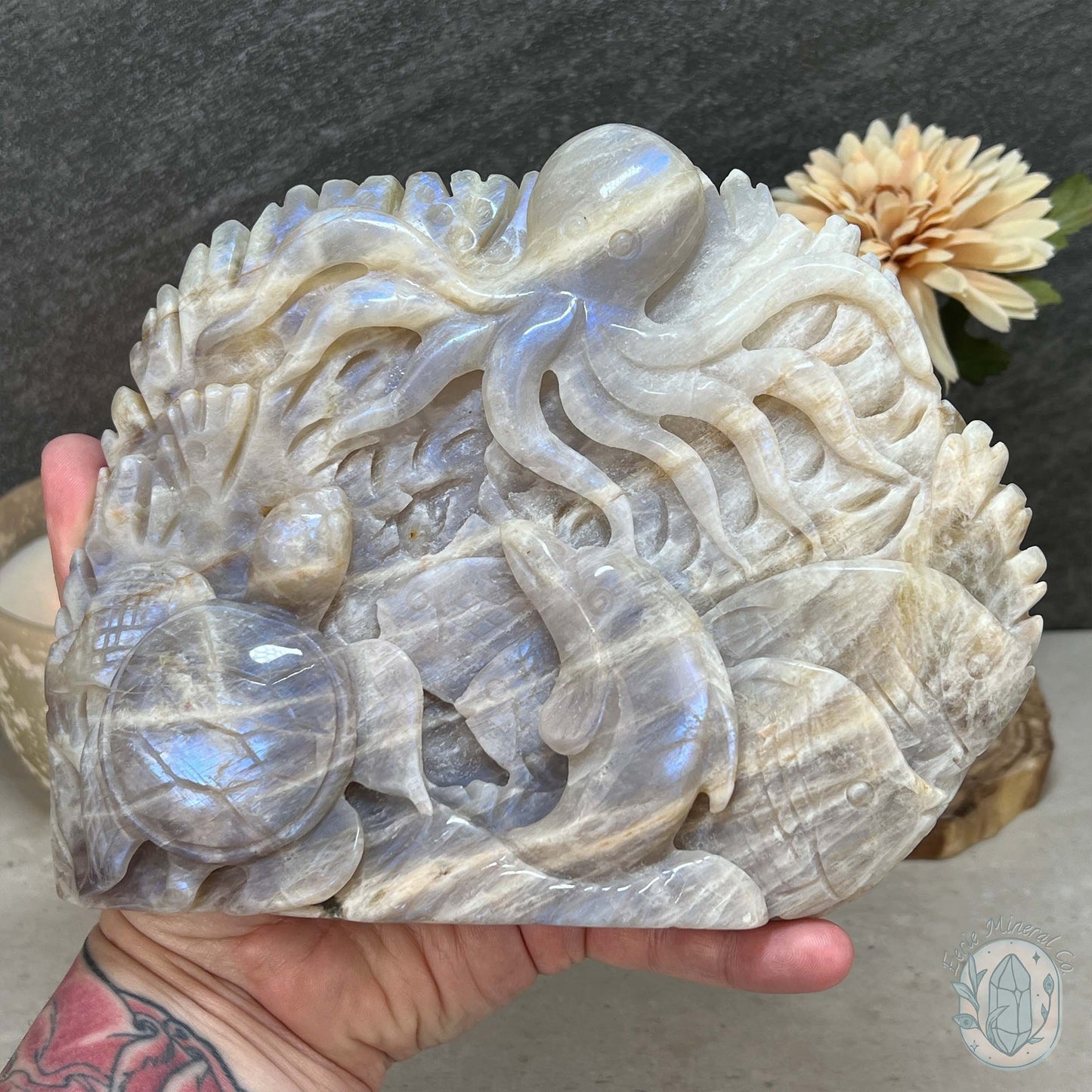 Blue Flash Peach Moonstone Ocean Life Stone Carving
