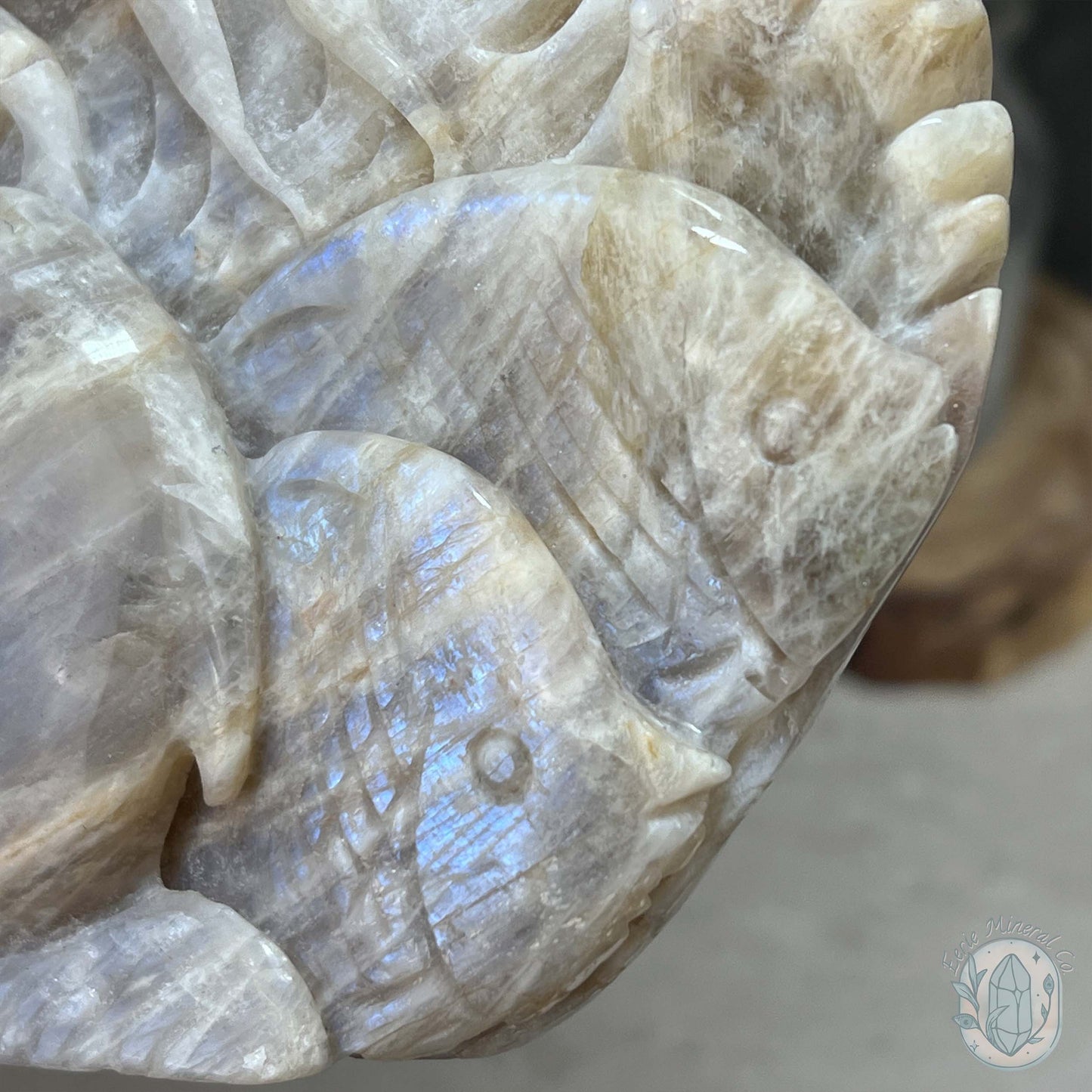 Blue Flash Peach Moonstone Ocean Life Stone Carving