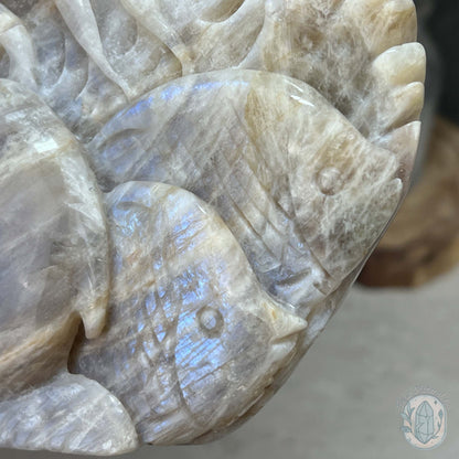 Blue Flash Peach Moonstone Ocean Life Stone Carving