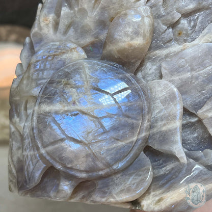 Blue Flash Peach Moonstone Ocean Life Stone Carving