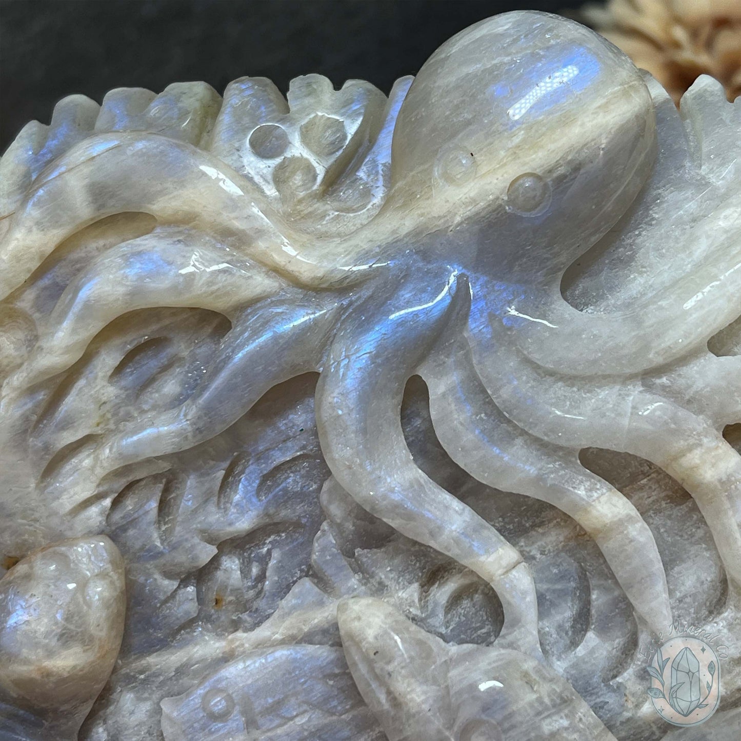 Blue Flash Peach Moonstone Ocean Life Stone Carving