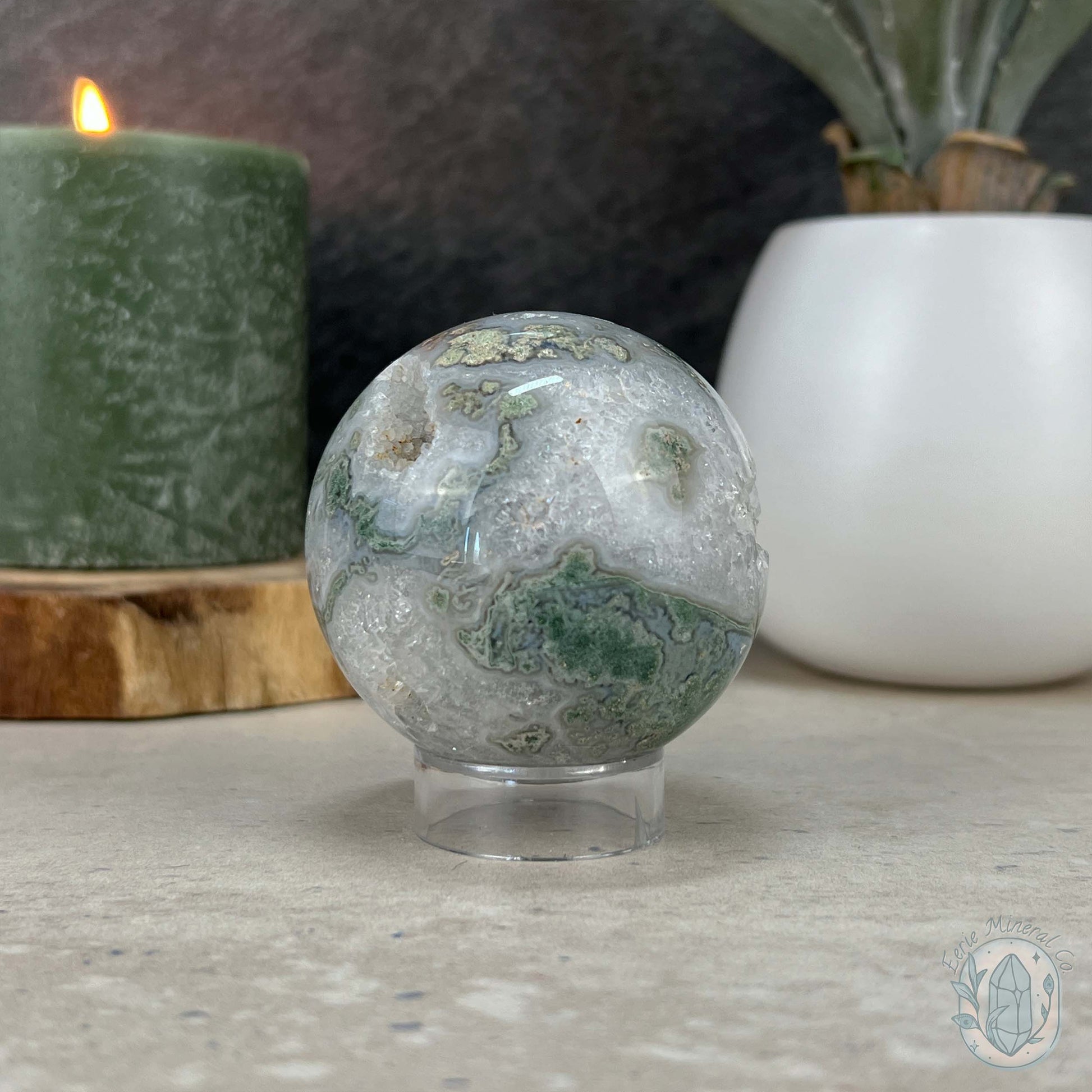 58mm Polished Druzy Moss Agate Sphere