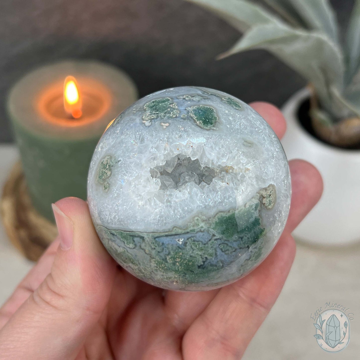 58mm Polished Druzy Moss Agate Sphere