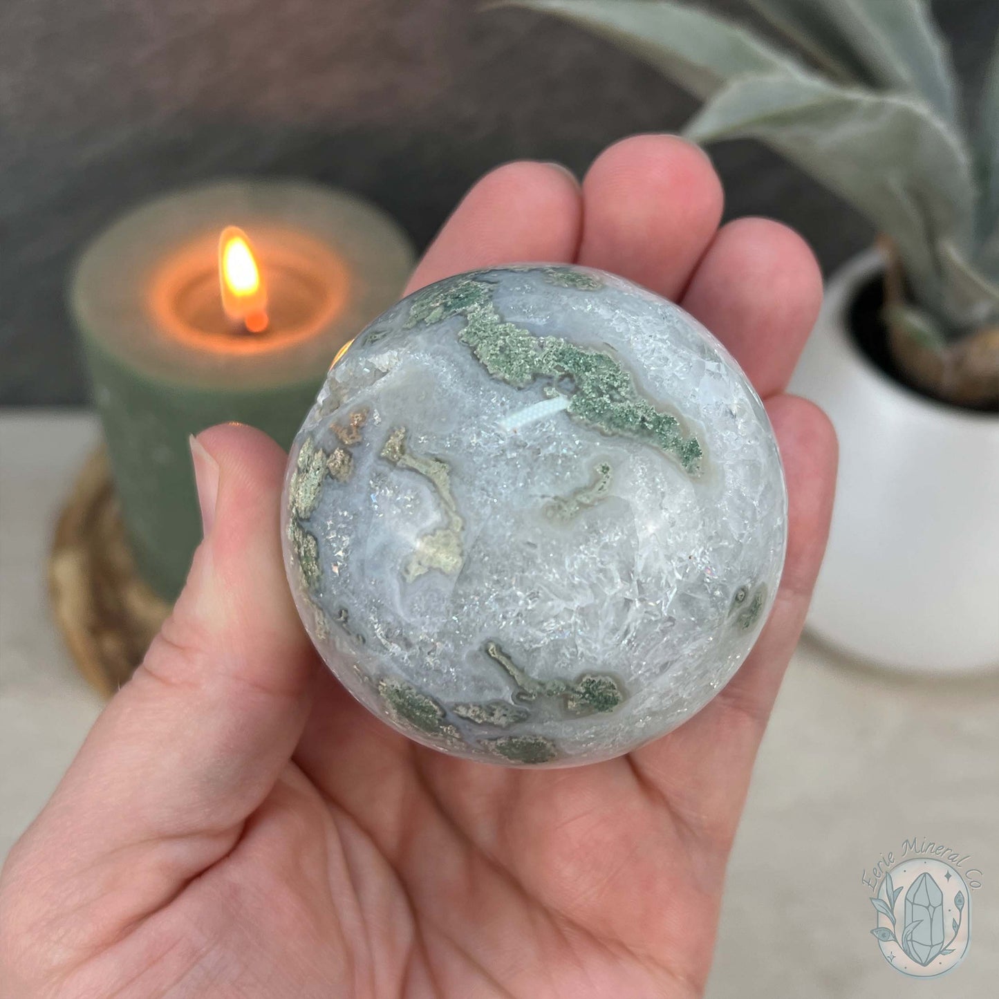 58mm Polished Druzy Moss Agate Sphere
