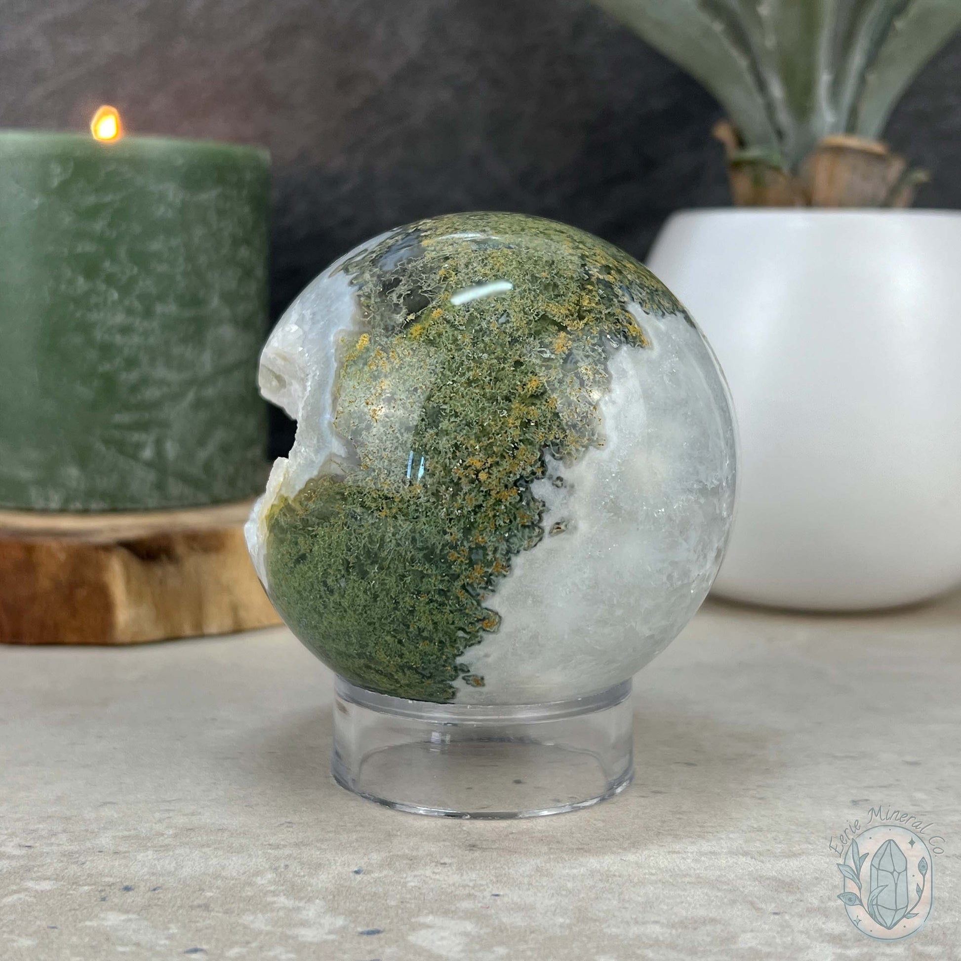 74mm Polished Druzy Moss Agate Sphere