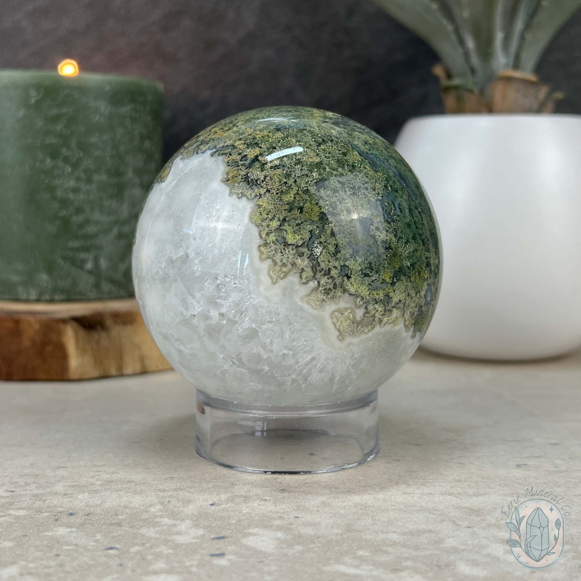 74mm Polished Druzy Moss Agate Sphere