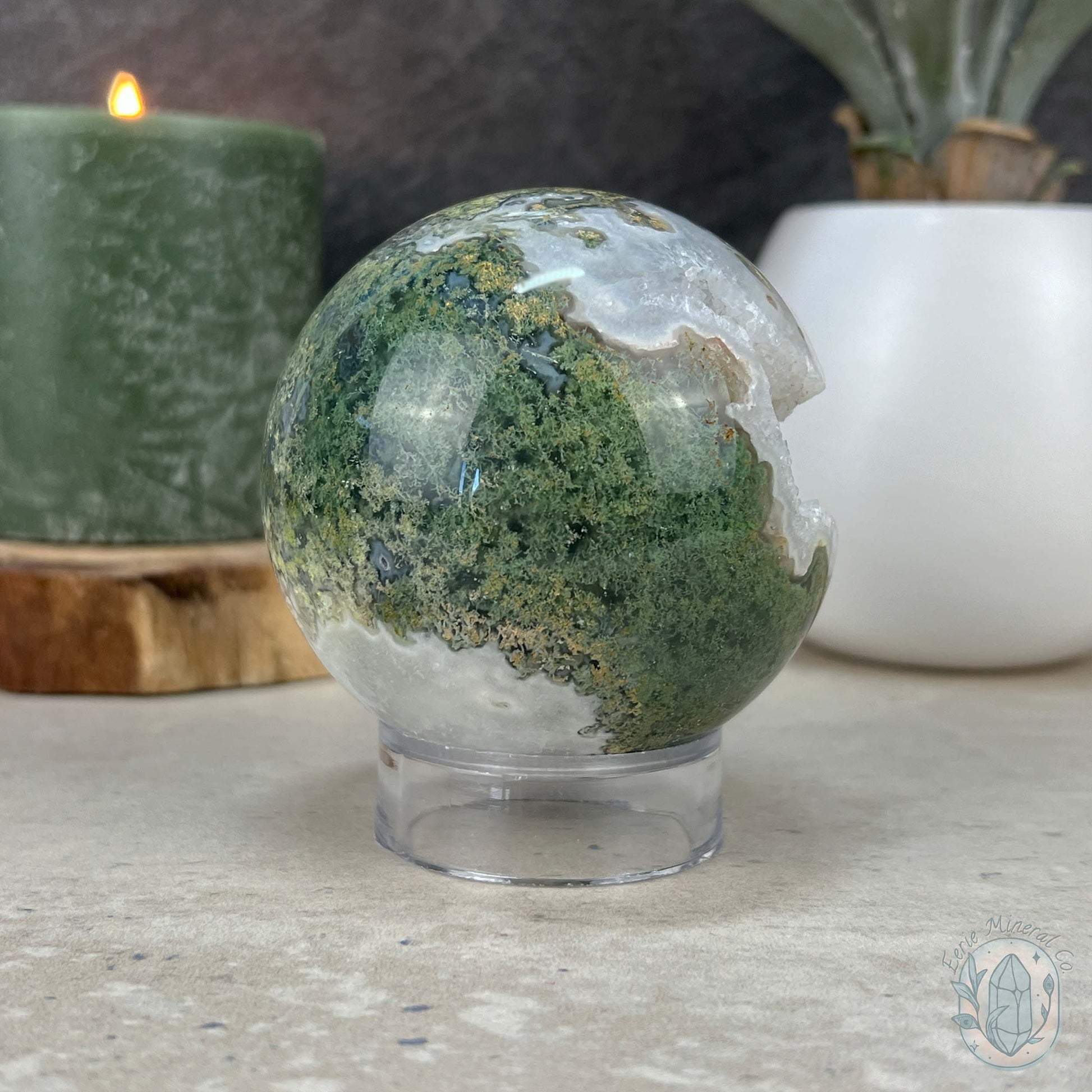 74mm Polished Druzy Moss Agate Sphere