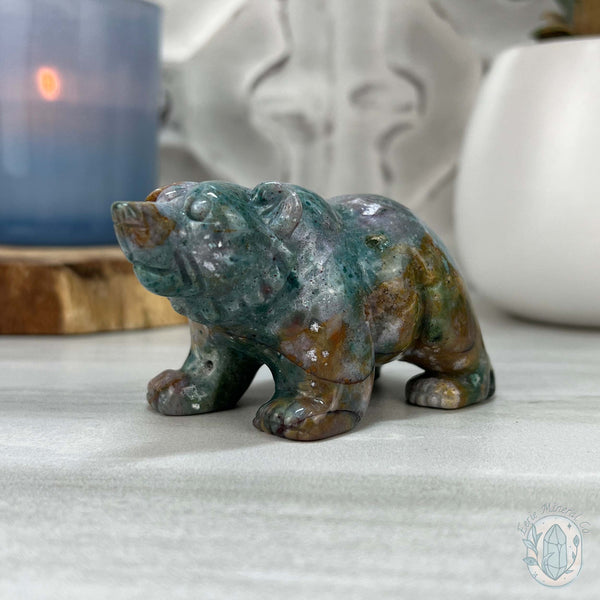 Polished Water Colored Style Ocean Jasper Bear Carving