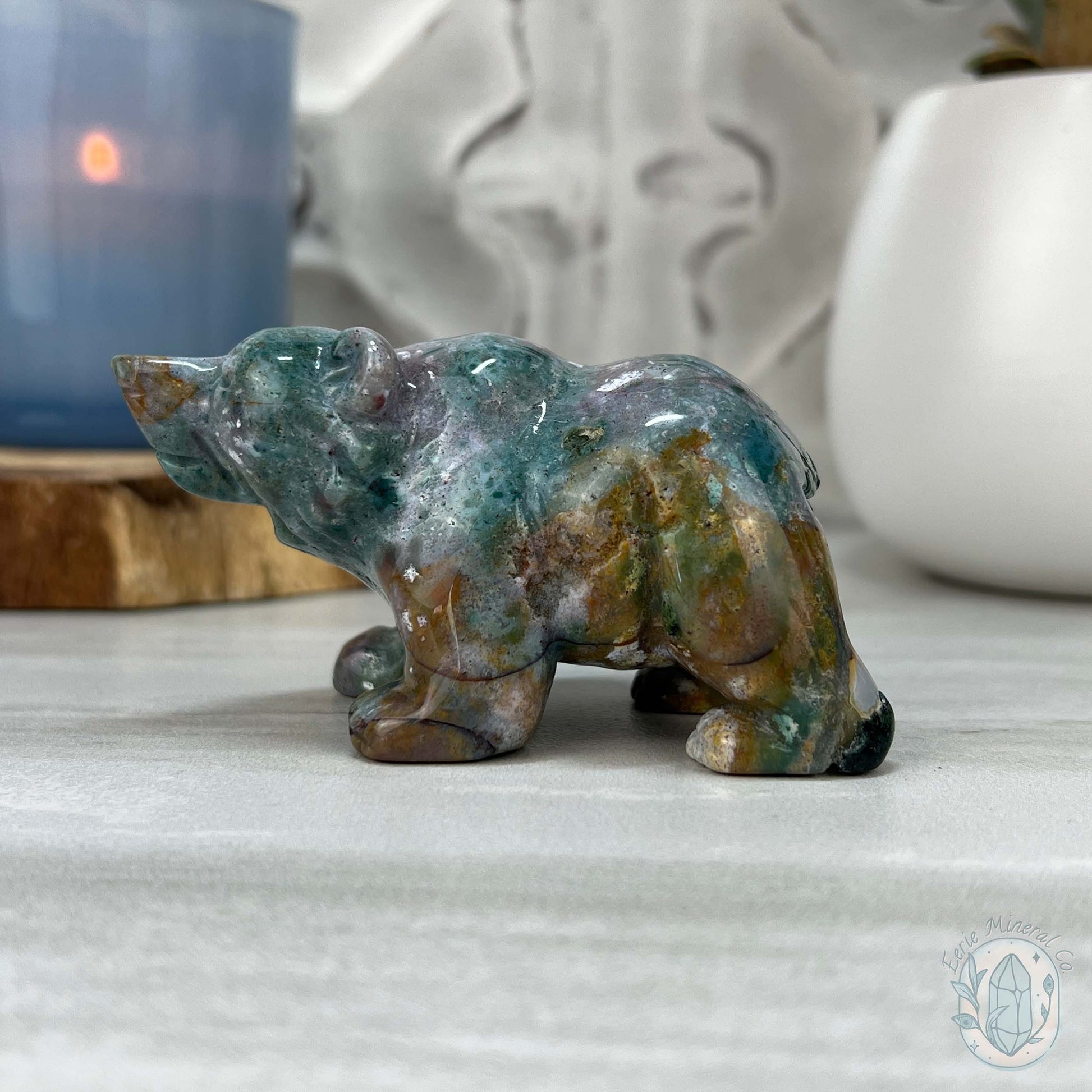 Polished Water Colored Style Ocean Jasper Bear Carving