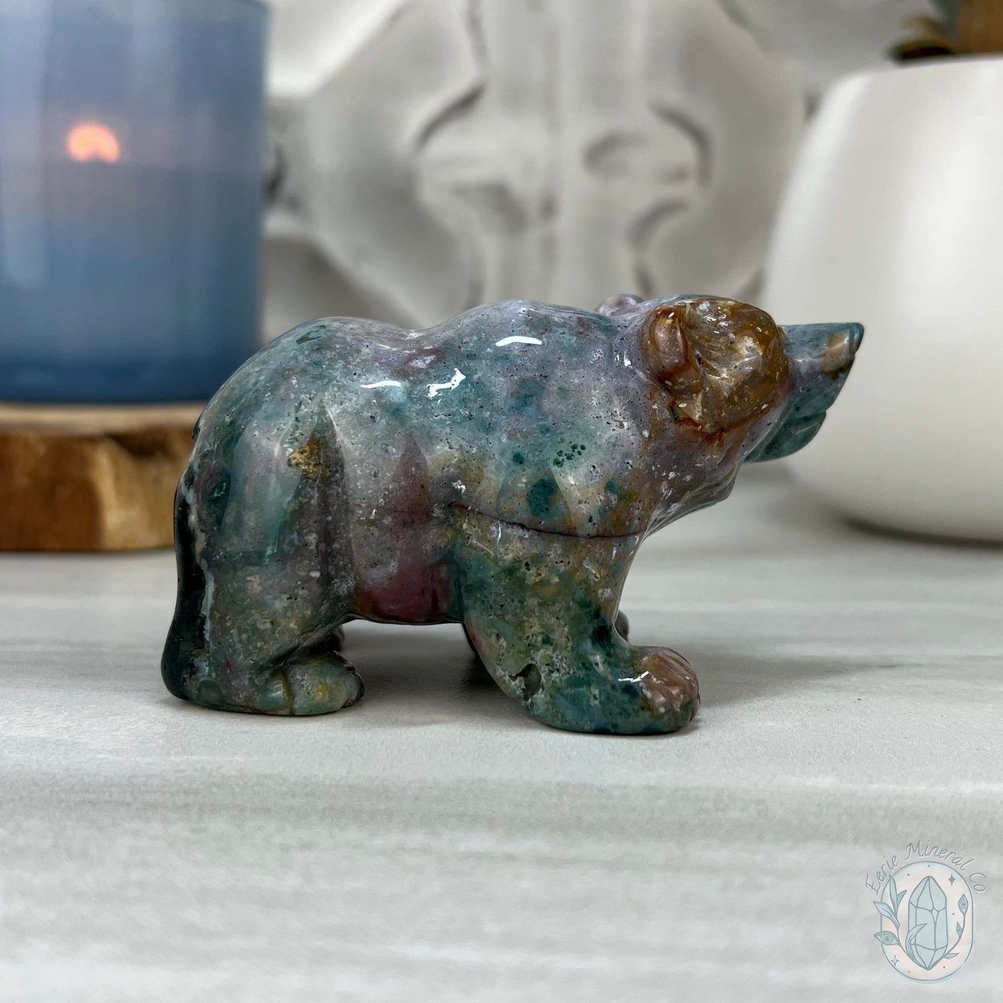 Polished Water Colored Style Ocean Jasper Bear Carving