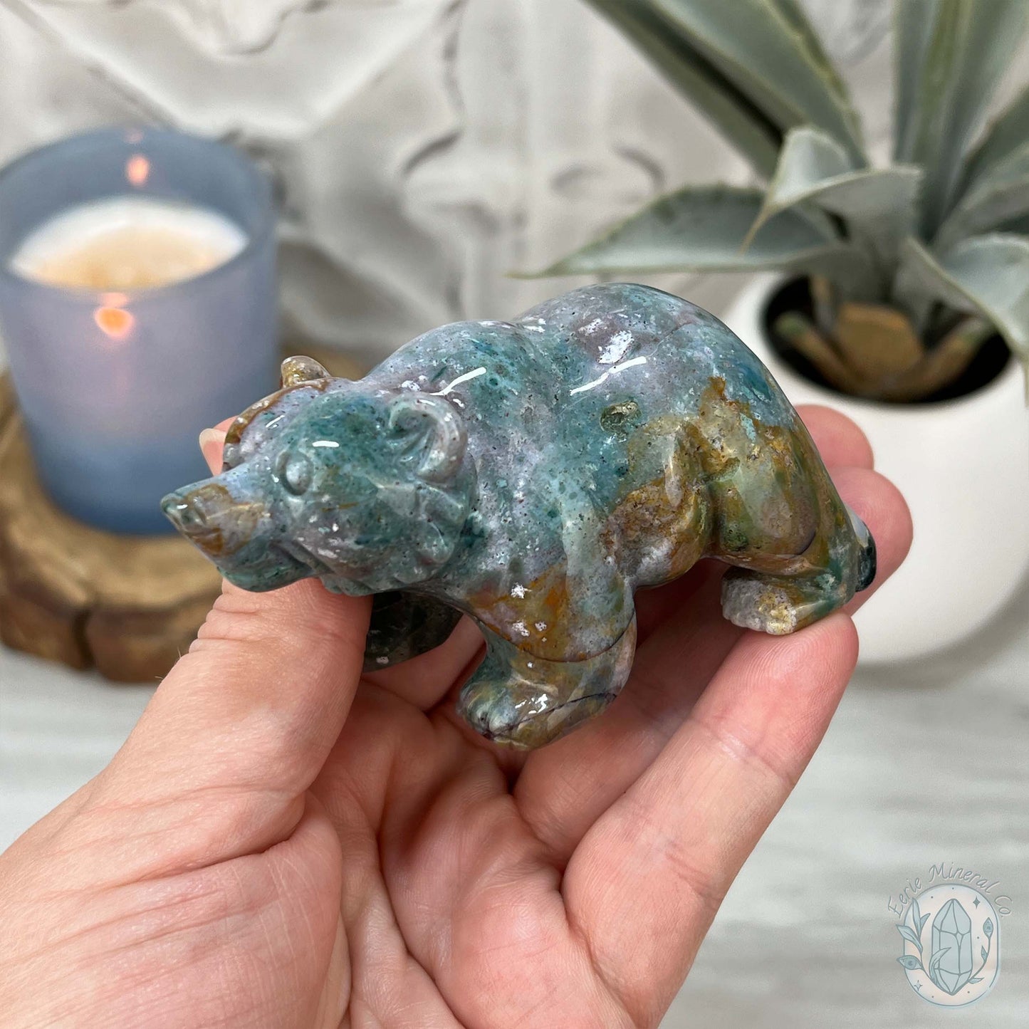 Polished Water Colored Style Ocean Jasper Bear Carving