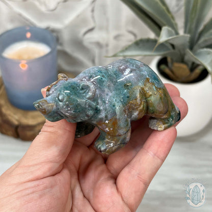 Polished Water Colored Style Ocean Jasper Bear Carving