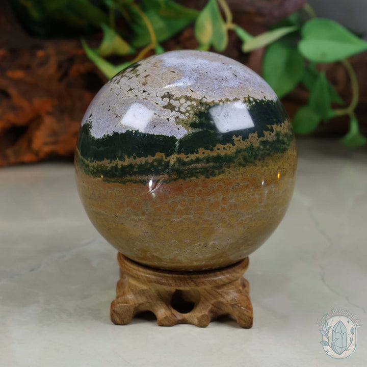 92mm Ocean Jasper Sphere with Hand Carved Stand