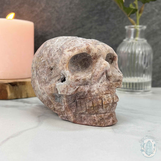 4.15" Pink Sphalerite with Druzy Quartz Skull Carving