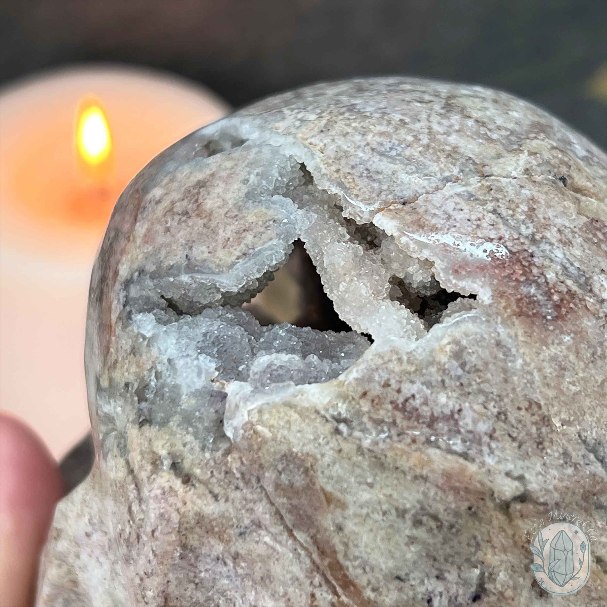 4.15" Pink Sphalerite with Druzy Quartz Skull Carving