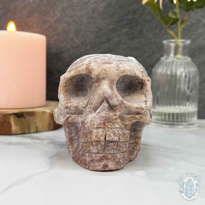4.15" Pink Sphalerite with Druzy Quartz Skull Carving