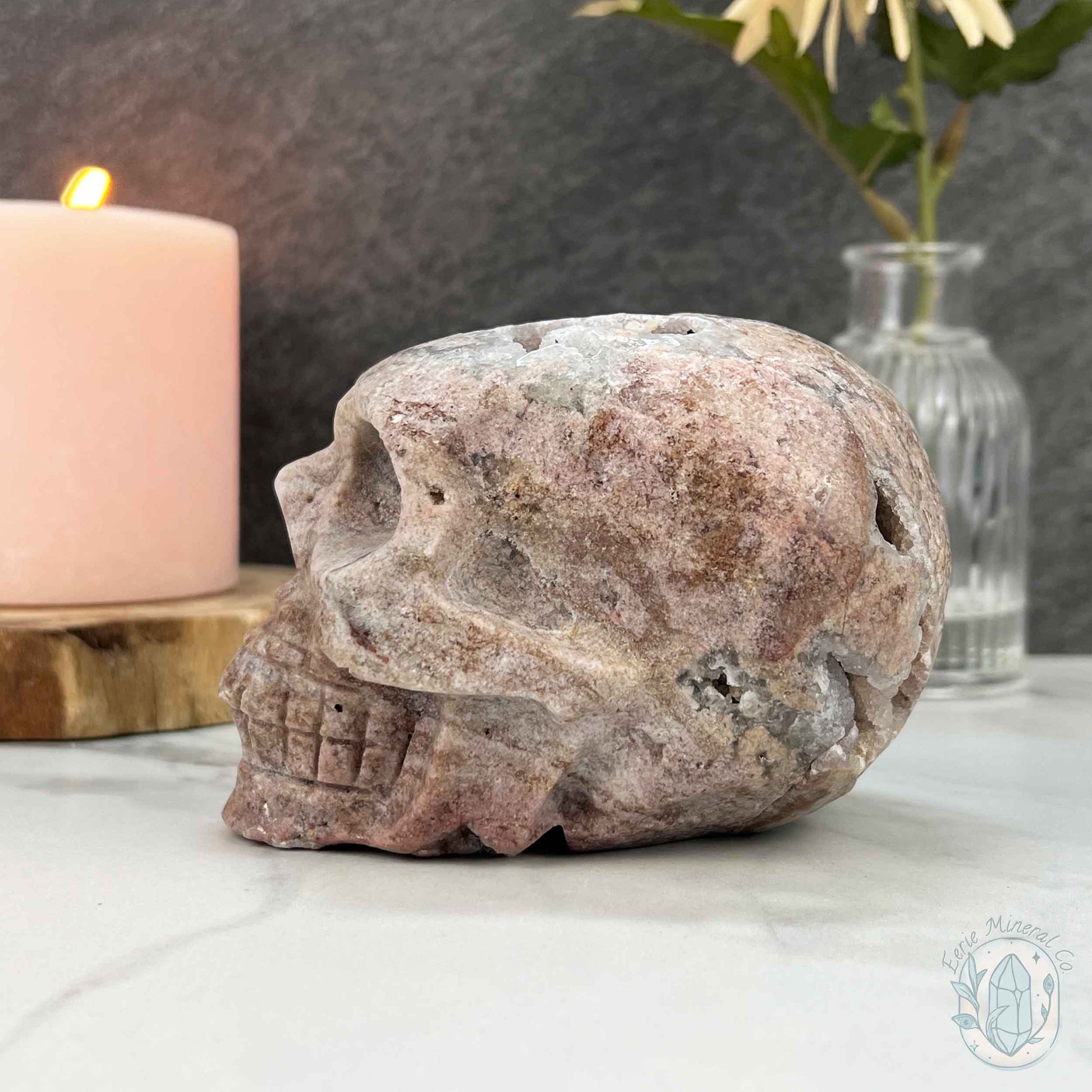 4.15" Pink Sphalerite with Druzy Quartz Skull Carving