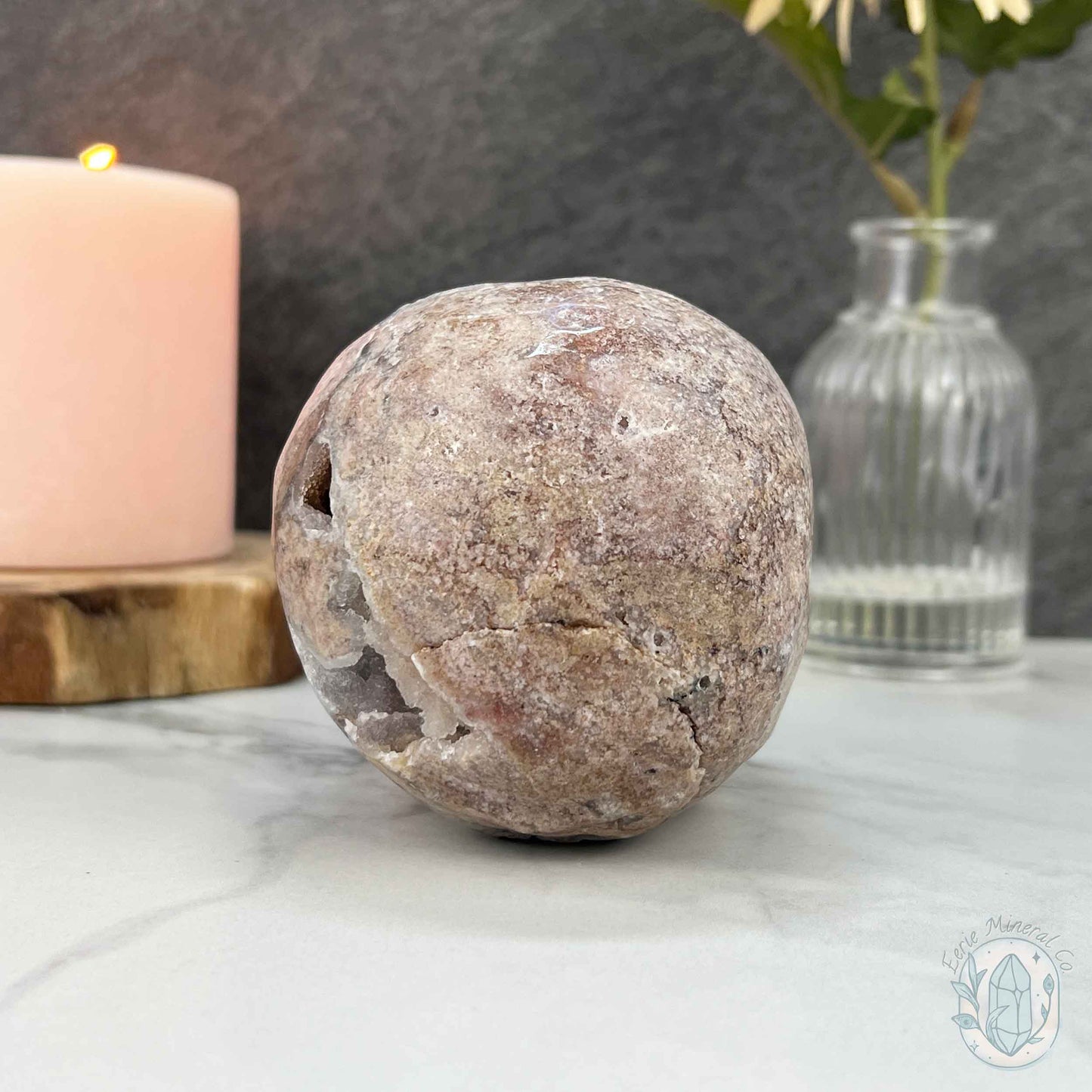 4.15" Pink Sphalerite with Druzy Quartz Skull Carving