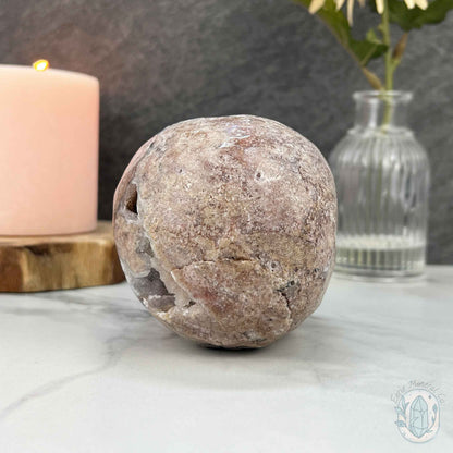 4.15" Pink Sphalerite with Druzy Quartz Skull Carving