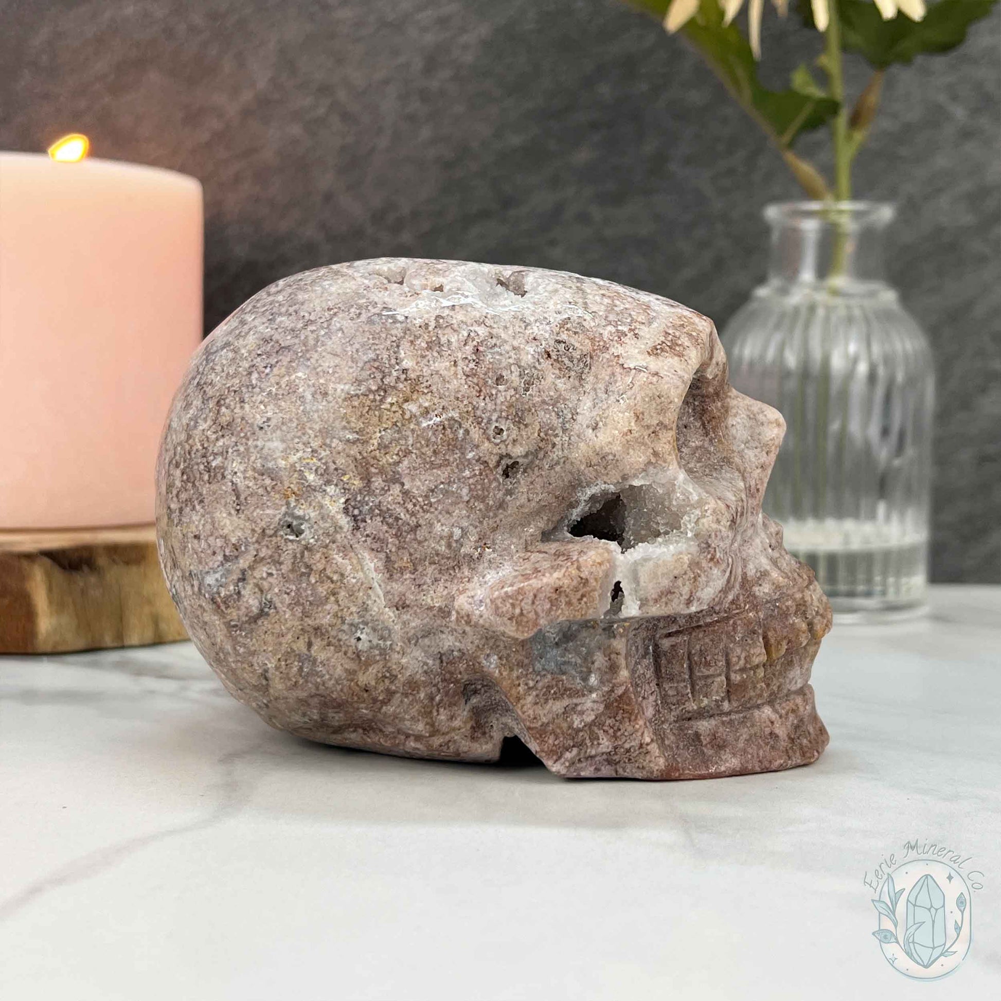 4.15" Pink Sphalerite with Druzy Quartz Skull Carving