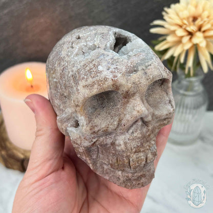4.15" Pink Sphalerite with Druzy Quartz Skull Carving
