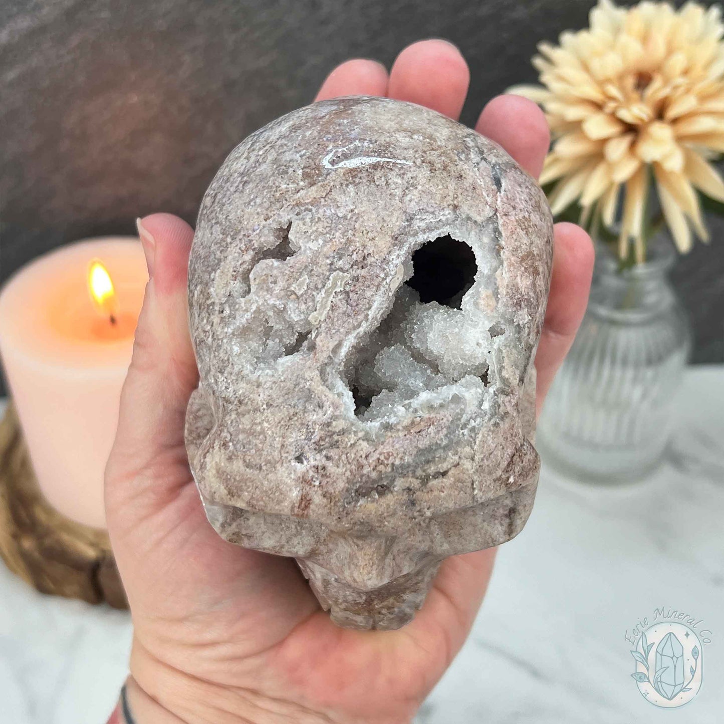4.15" Pink Sphalerite with Druzy Quartz Skull Carving