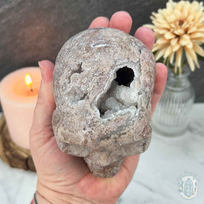 4.15" Pink Sphalerite with Druzy Quartz Skull Carving