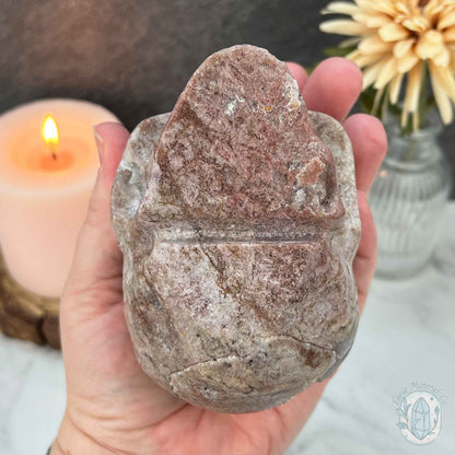 4.15" Pink Sphalerite with Druzy Quartz Skull Carving