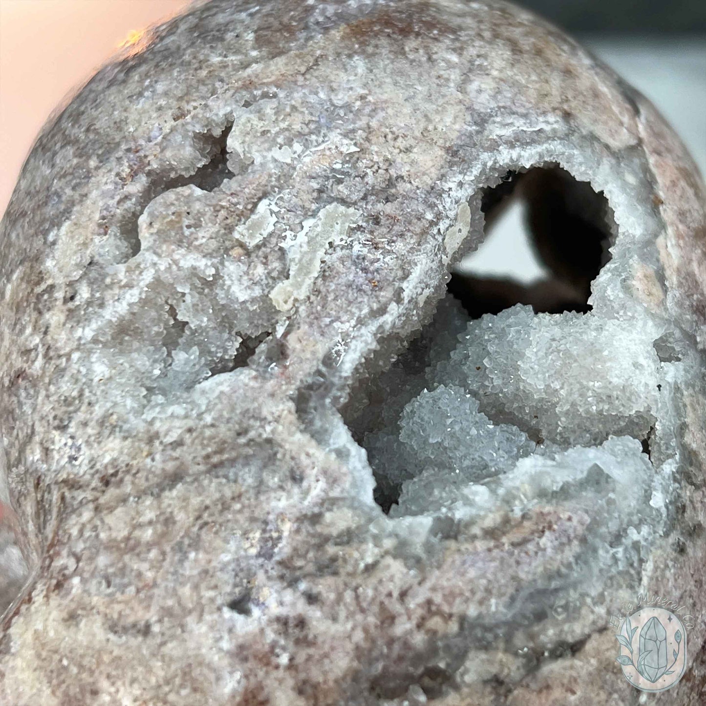 4.15" Pink Sphalerite with Druzy Quartz Skull Carving