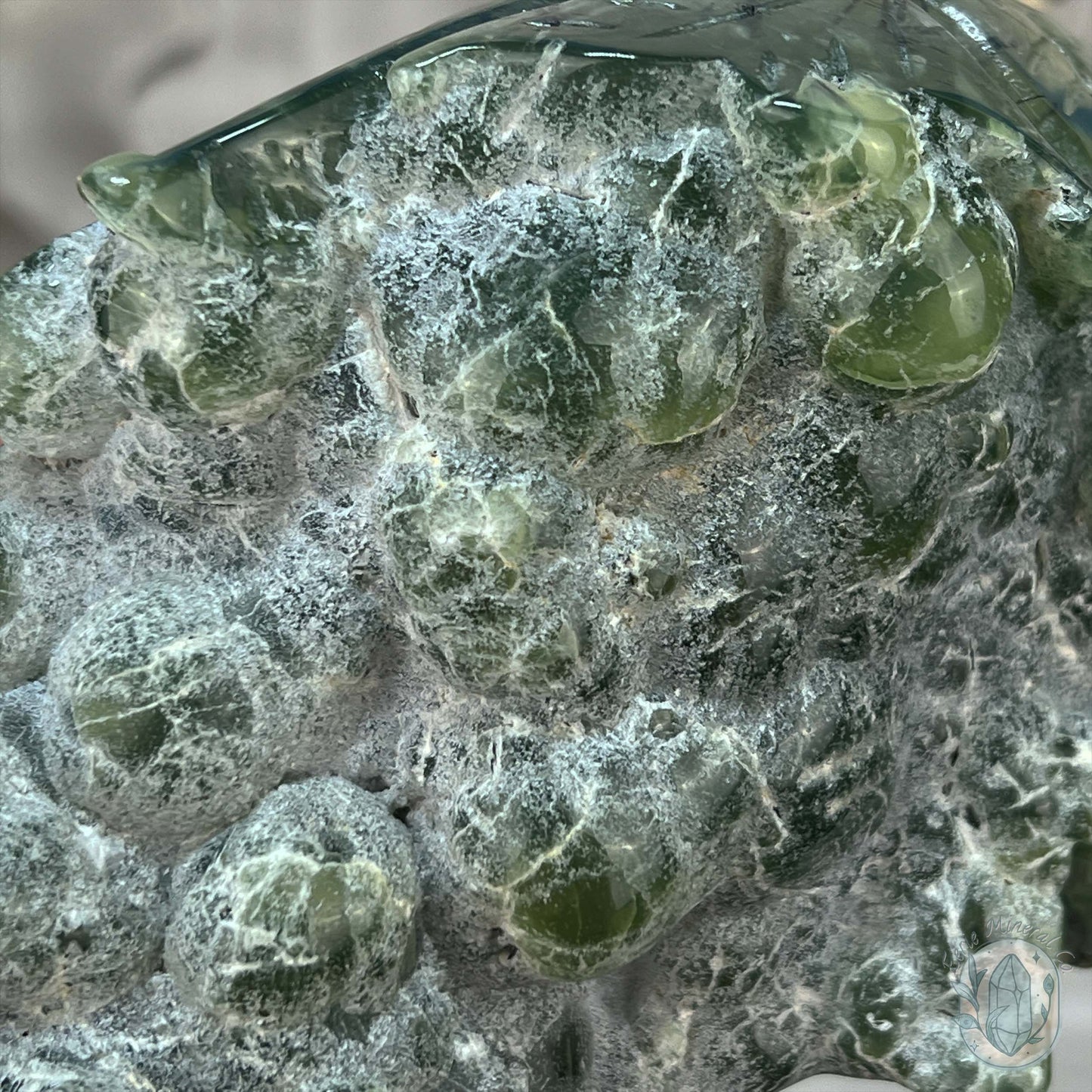 Polished Prehnite Skull with Headdress Carving