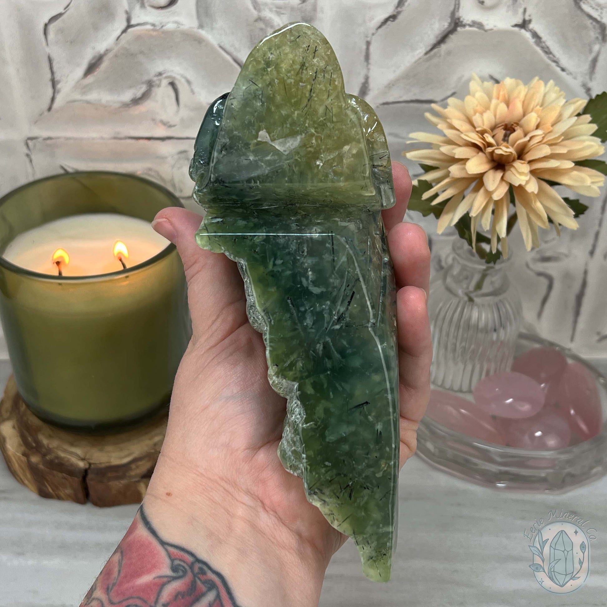 Polished Prehnite Skull with Headdress Carving