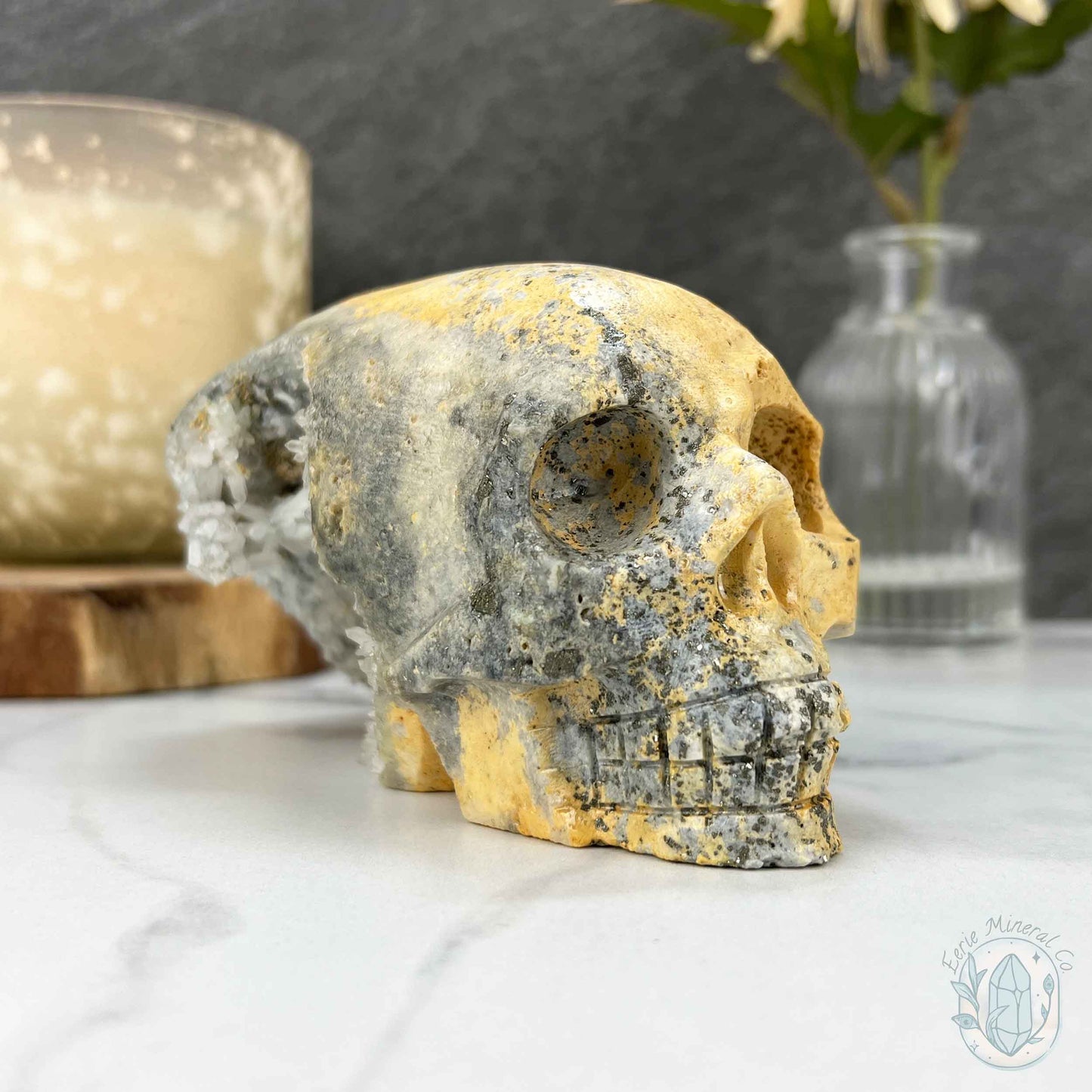4.60" Polished Quartz Cluster with Pyrite Skull Carving
