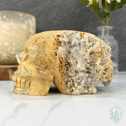 4.60" Polished Quartz Cluster with Pyrite Skull Carving