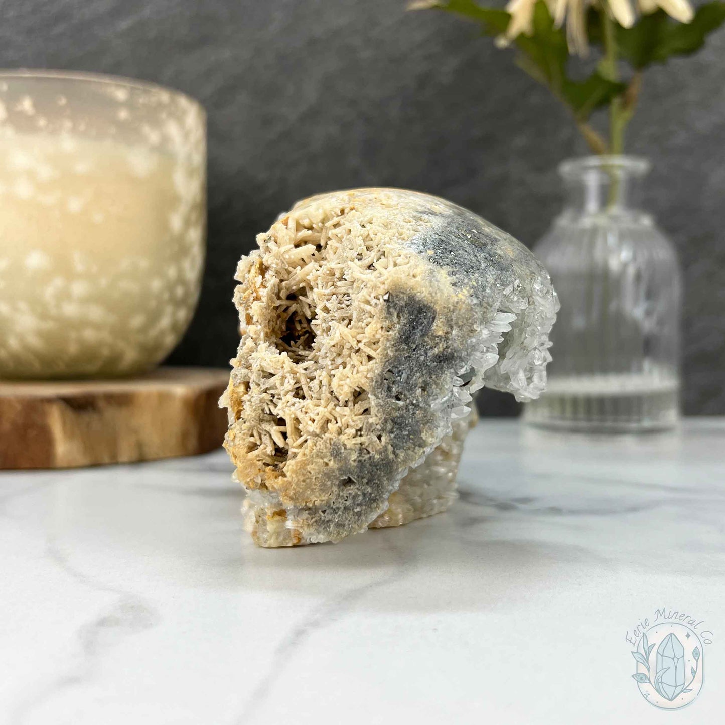 4.60" Polished Quartz Cluster with Pyrite Skull Carving