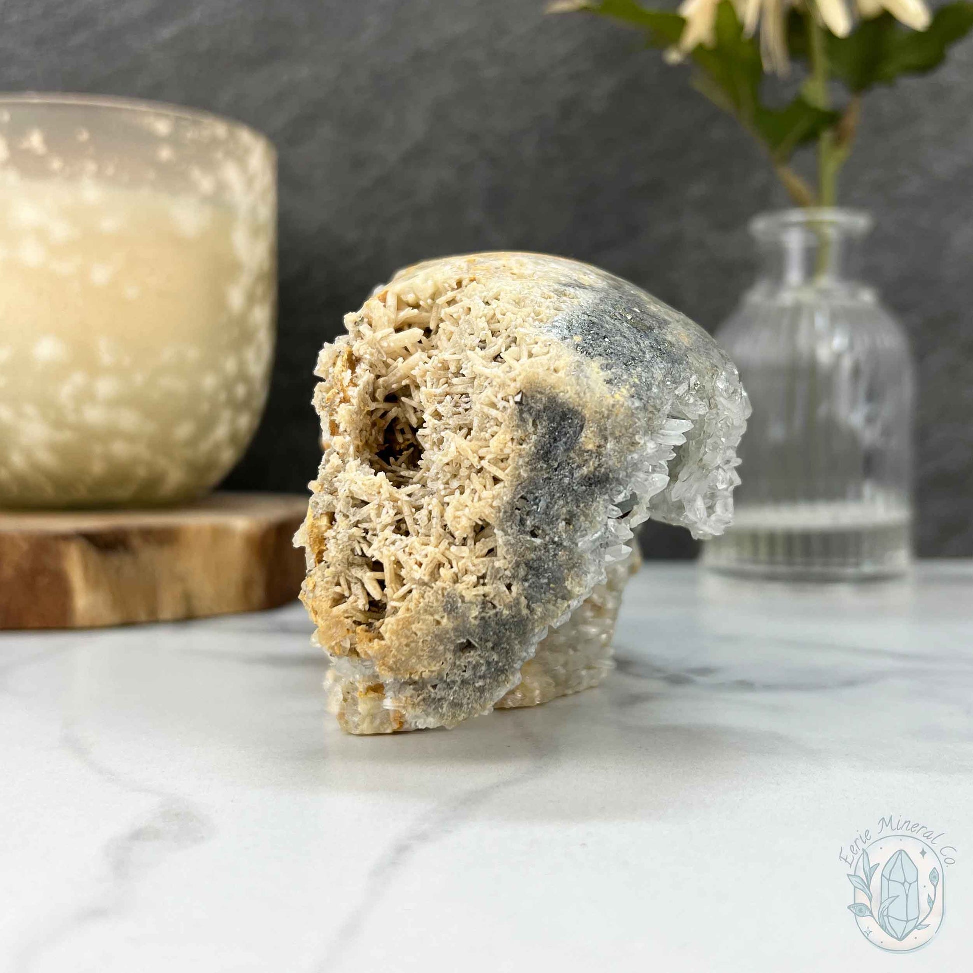 4.60" Polished Quartz Cluster with Pyrite Skull Carving