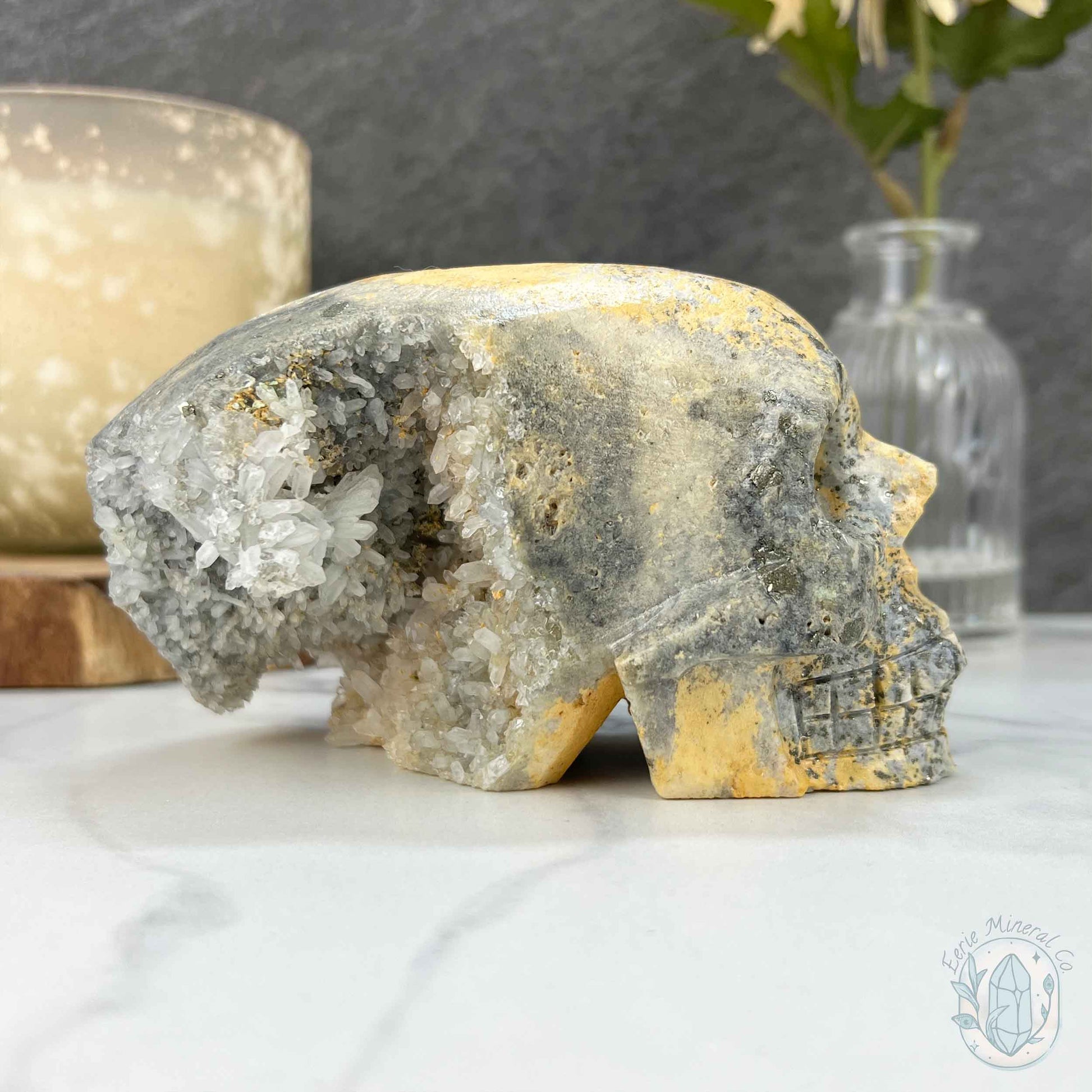 4.60" Polished Quartz Cluster with Pyrite Skull Carving