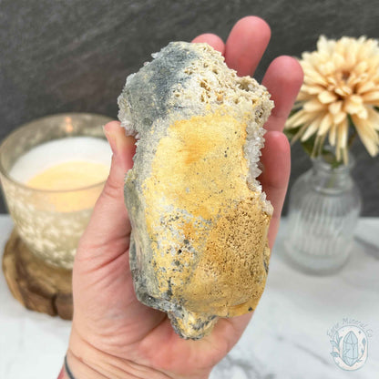 4.60" Polished Quartz Cluster with Pyrite Skull Carving