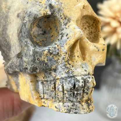 4.60" Polished Quartz Cluster with Pyrite Skull Carving