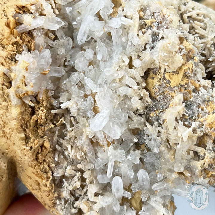 4.60" Polished Quartz Cluster with Pyrite Skull Carving
