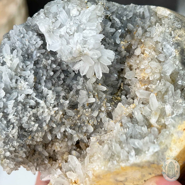 4.60" Polished Quartz Cluster with Pyrite Skull Carving