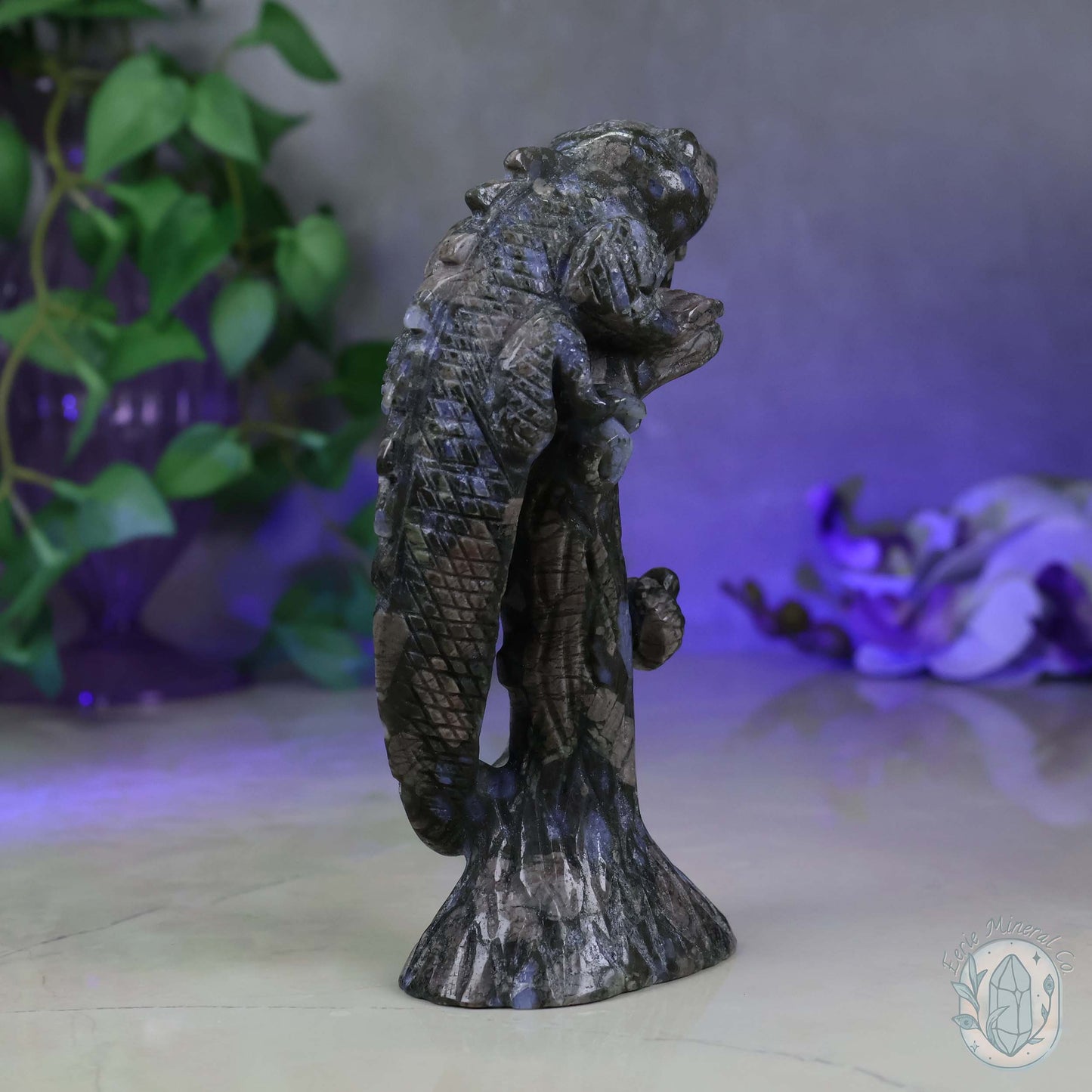 Hand Carved Que Sera Lizard on Tree Branch