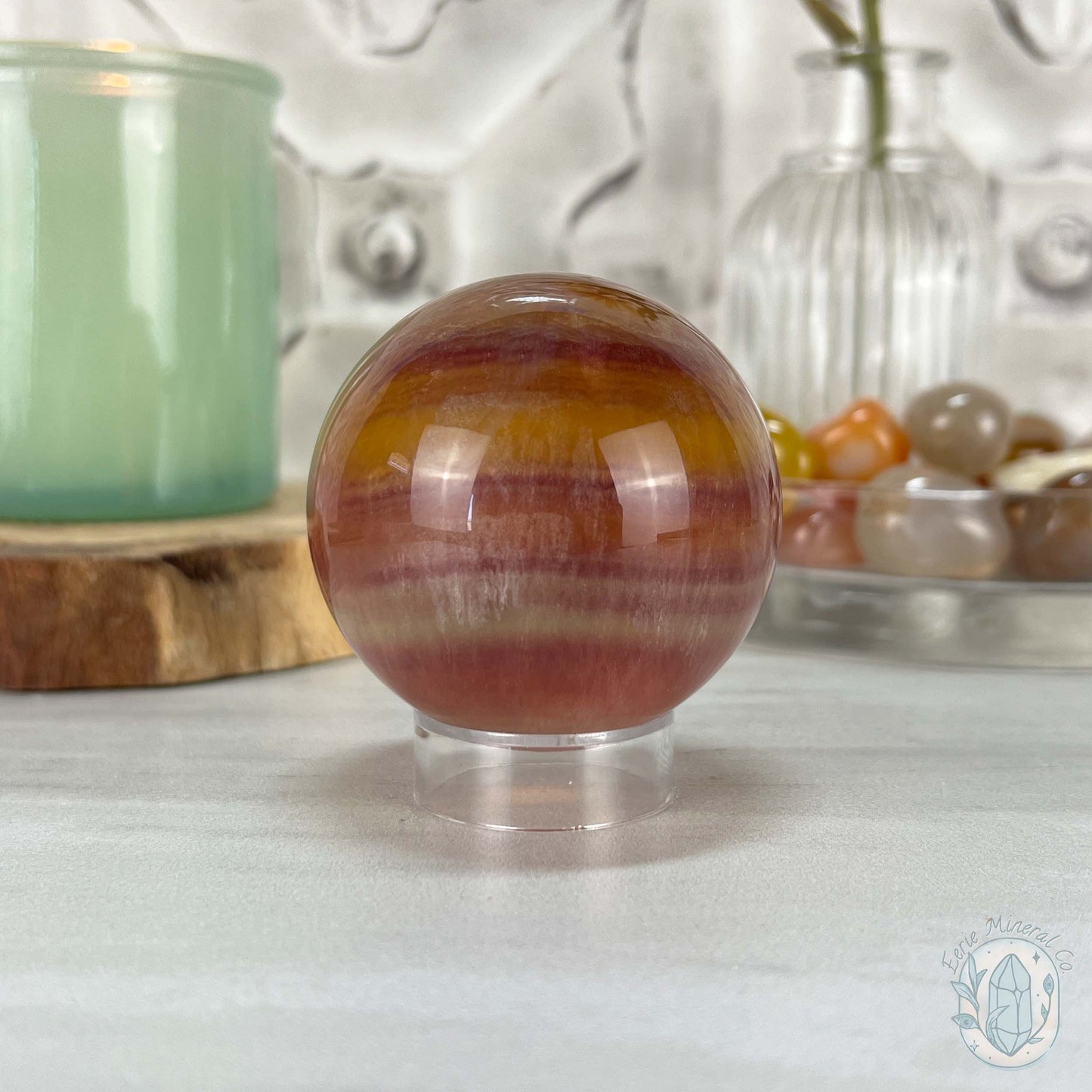 56mm Polished Yellow and Purple Fluorite Sphere with Flash