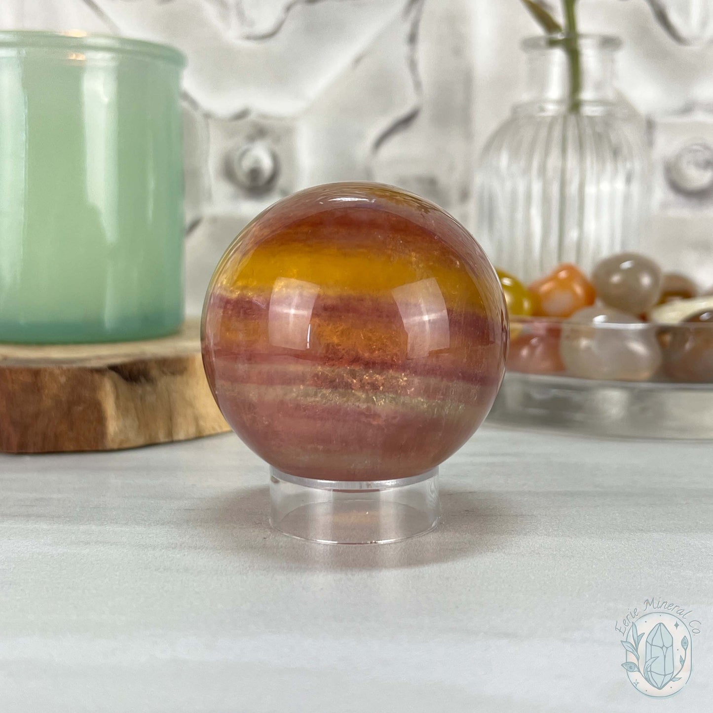 56mm Polished Yellow and Purple Fluorite Sphere with Flash