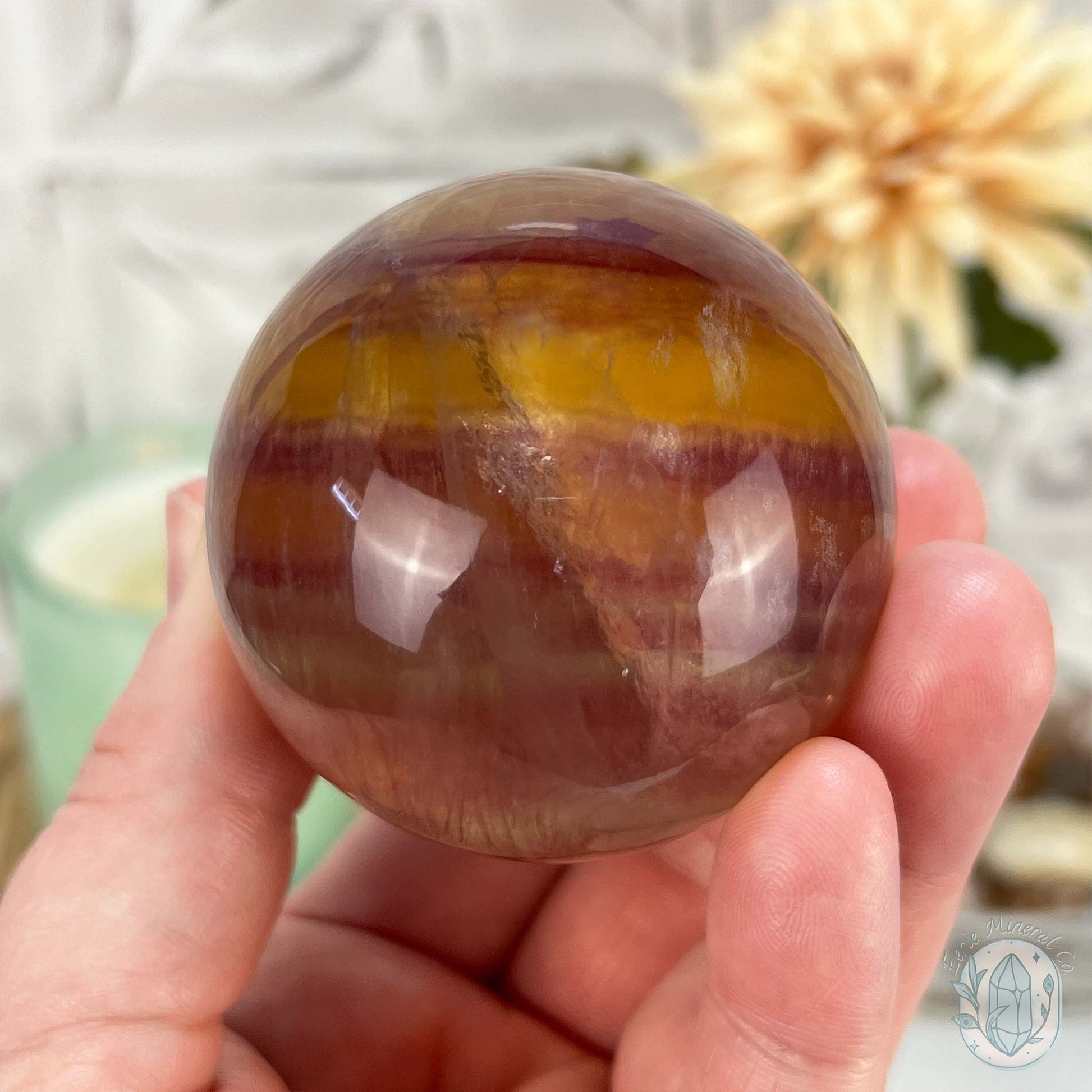 56mm Polished Yellow and Purple Fluorite Sphere with Flash