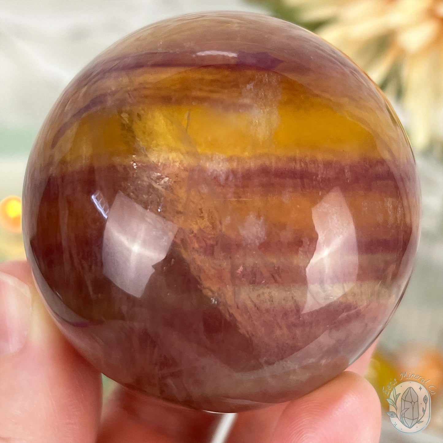 56mm Polished Yellow and Purple Fluorite Sphere with Flash