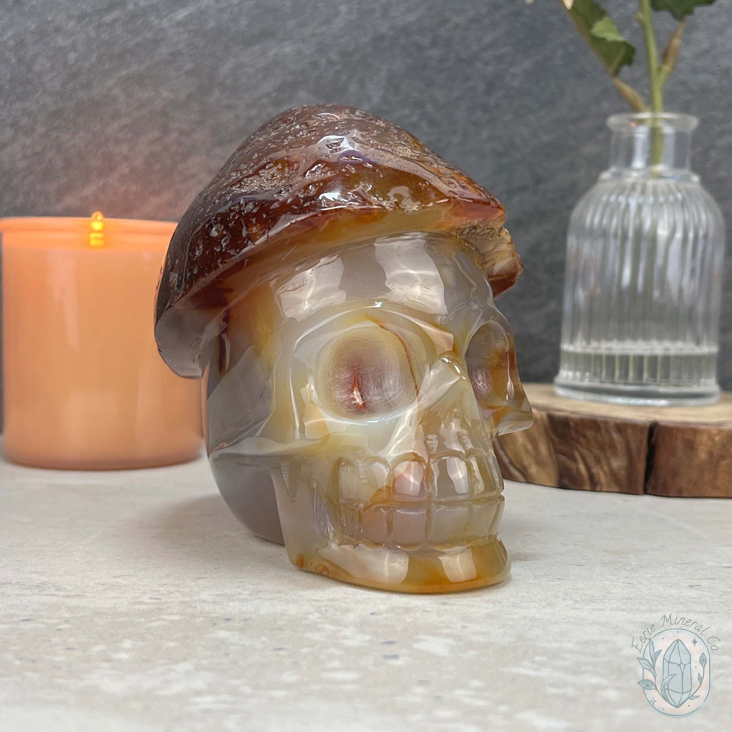 Polished Red Agate Mushroom Head Skull Carving