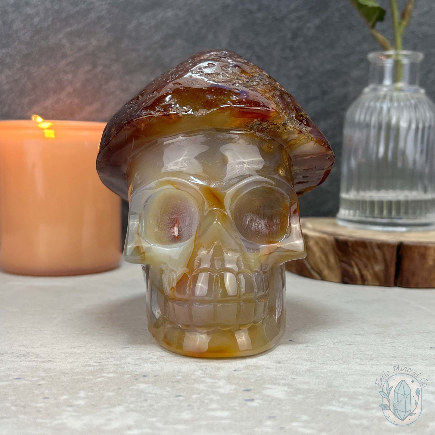 Polished Red Agate Mushroom Head Skull Carving