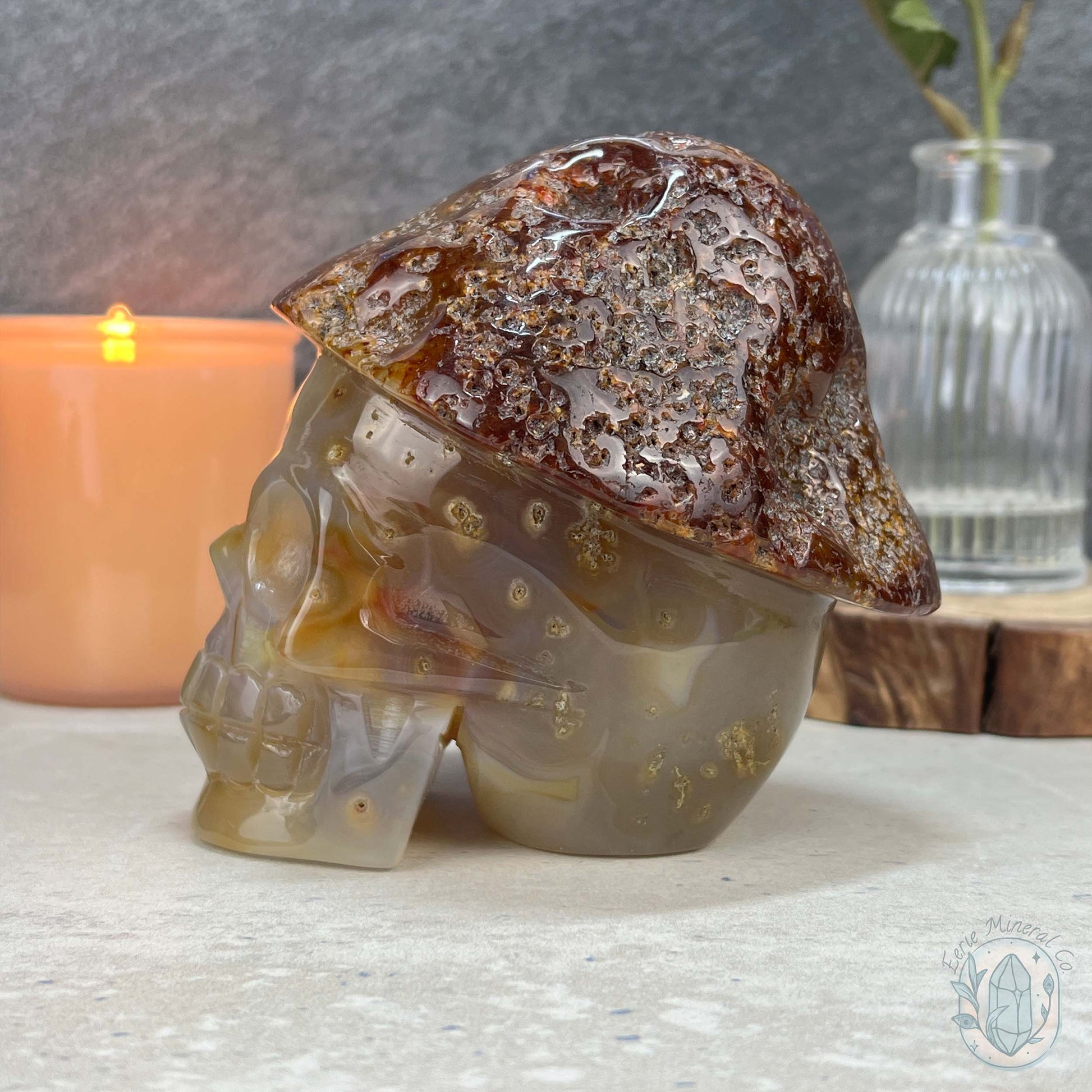 Polished Red Agate Mushroom Head Skull Carving