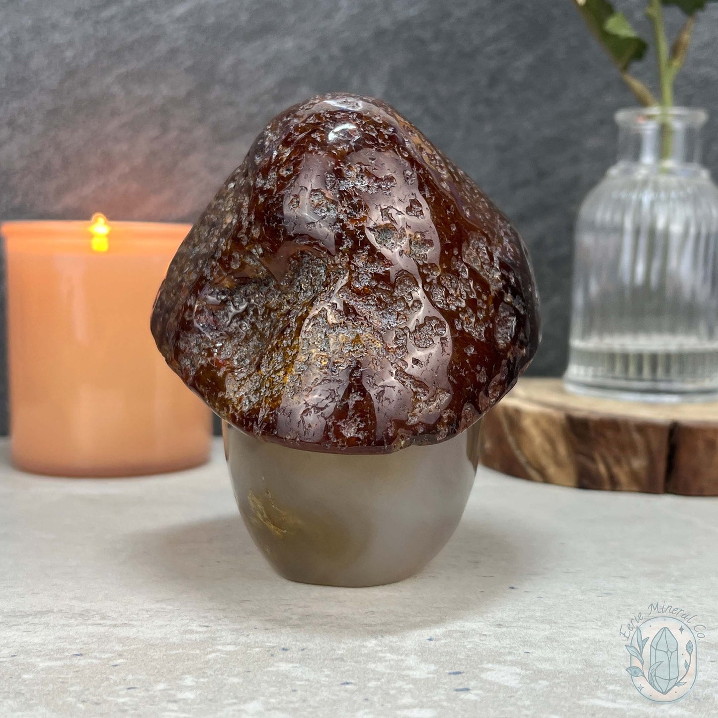 Polished Red Agate Mushroom Head Skull Carving